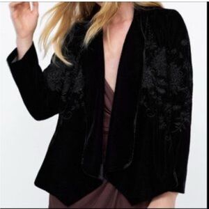 Zara Kimono Style Black Velvet Blazer, Embroidered, NWT, Sz L